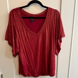 Vibe Glittering Red V-Neck Short Sleeve Top